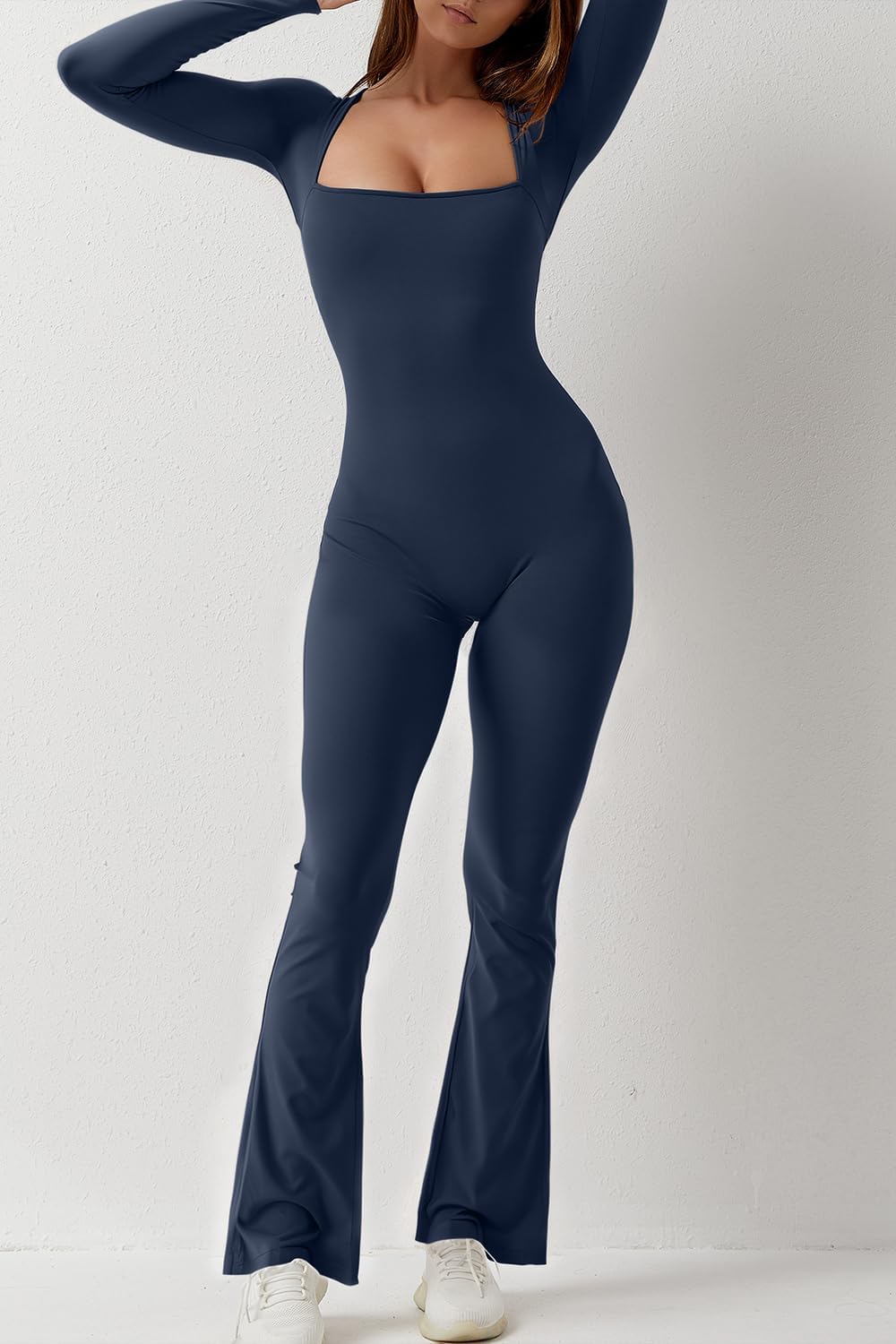 Hugmecurve Jumpsuits for Women Square Neck Wide Leg Full Length Romper Playsuit