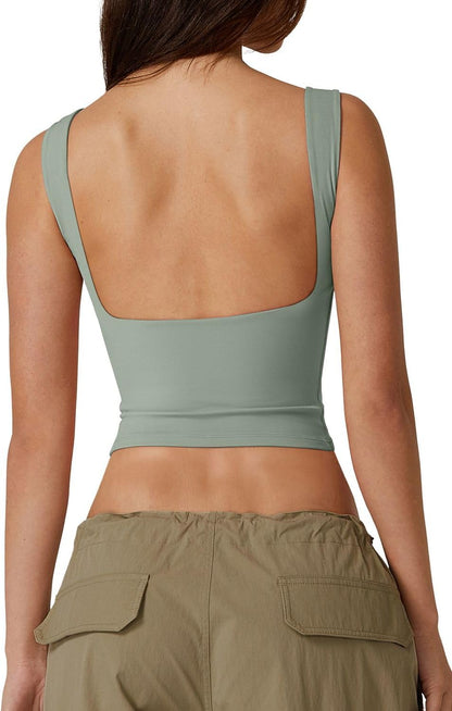 Hugmecurve Women's Sexy Open Back Sleeveless Crop Tank High Neck Slim Fit Cropped Tee Shirt Y2k Tops