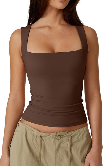 Hugmecurve Women's Double Layer Tank Tops Square Neck Sleeveless Basic Tight T Shirts