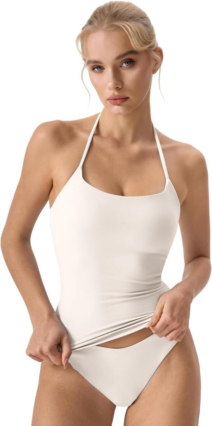 Self Tie Halter Neck Basic Shirts for Womens Double Lined Slimming Fit Going Out Sleeveless Tops
