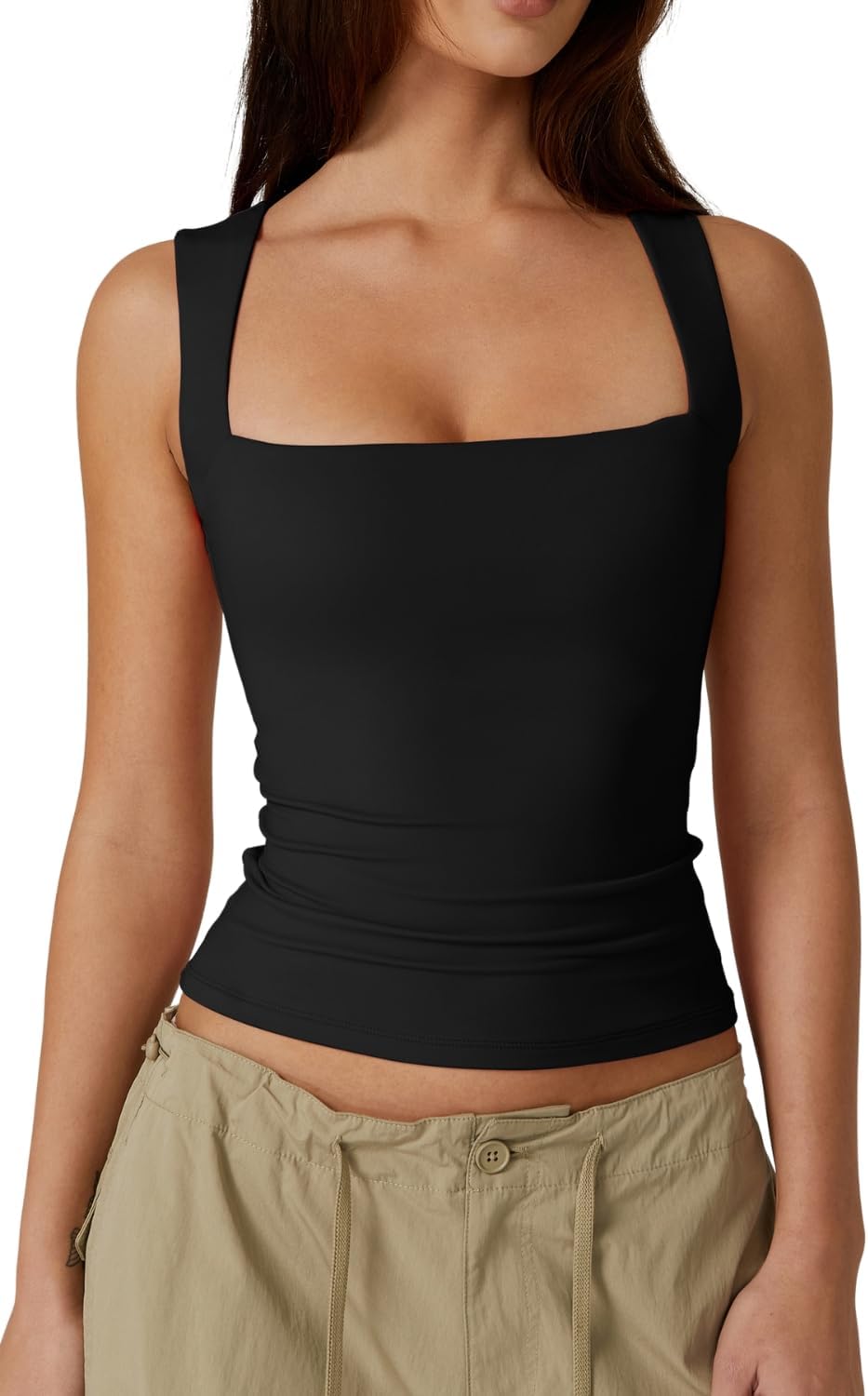 Hugmecurve Women's Double Layer Tank Tops Square Neck Sleeveless Basic Tight T Shirts
