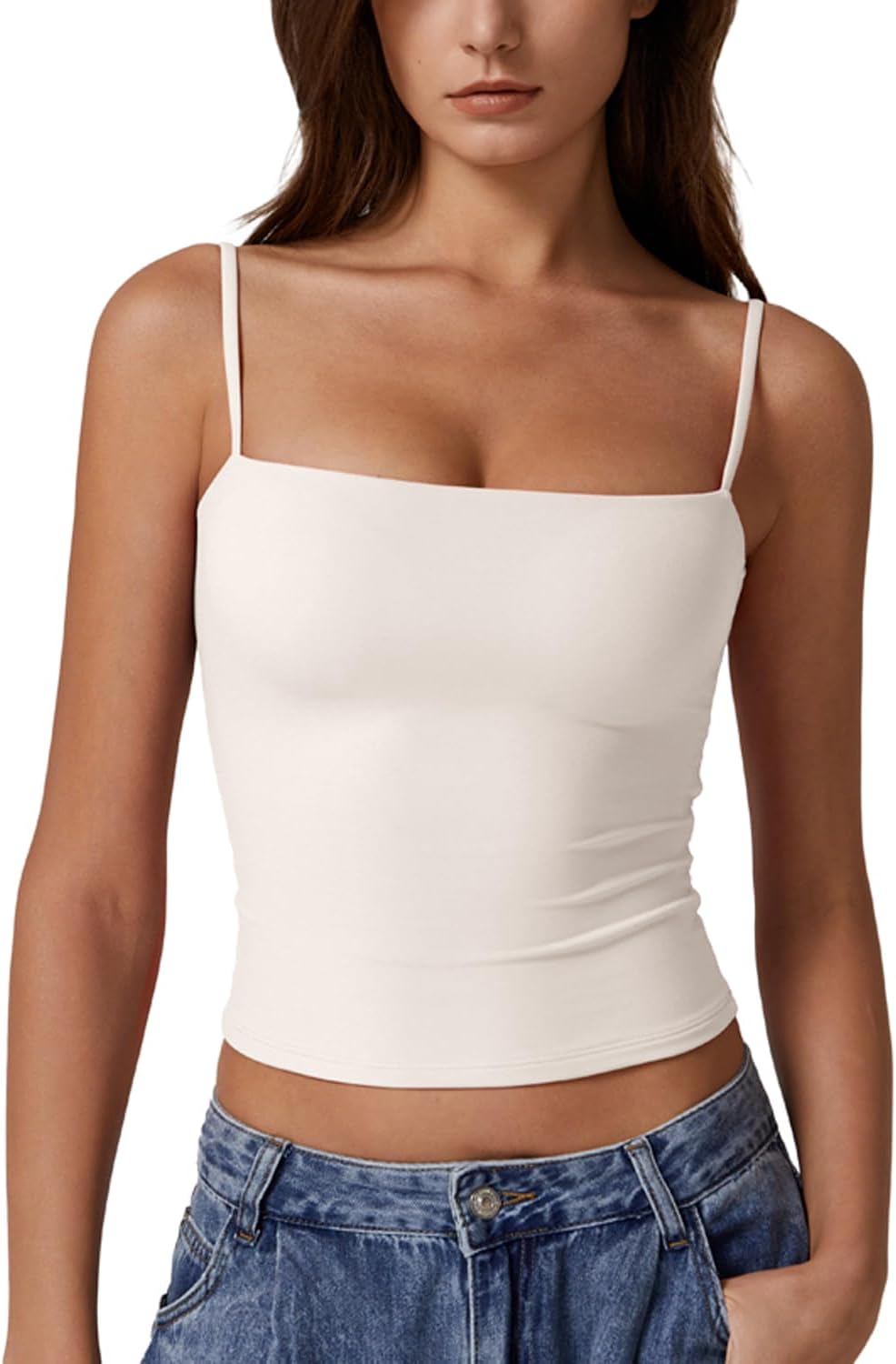 Hugmecurve Women's Double Lined Basic Tank Top Adjustable Spaghetti Straps Sleeveless Camisole Shirts