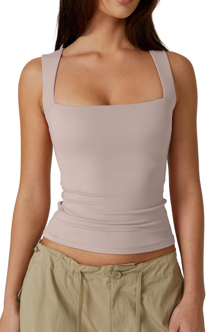 Hugmecurve Women's Double Layer Tank Tops Square Neck Sleeveless Basic Tight T Shirts