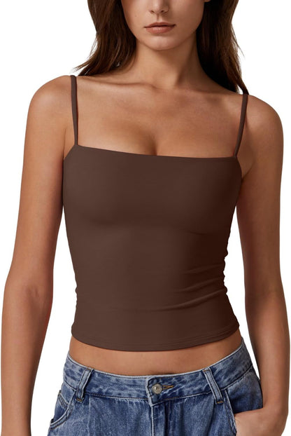 Hugmecurve Women's Double Lined Basic Tank Top Adjustable Spaghetti Straps Sleeveless Camisole Shirts