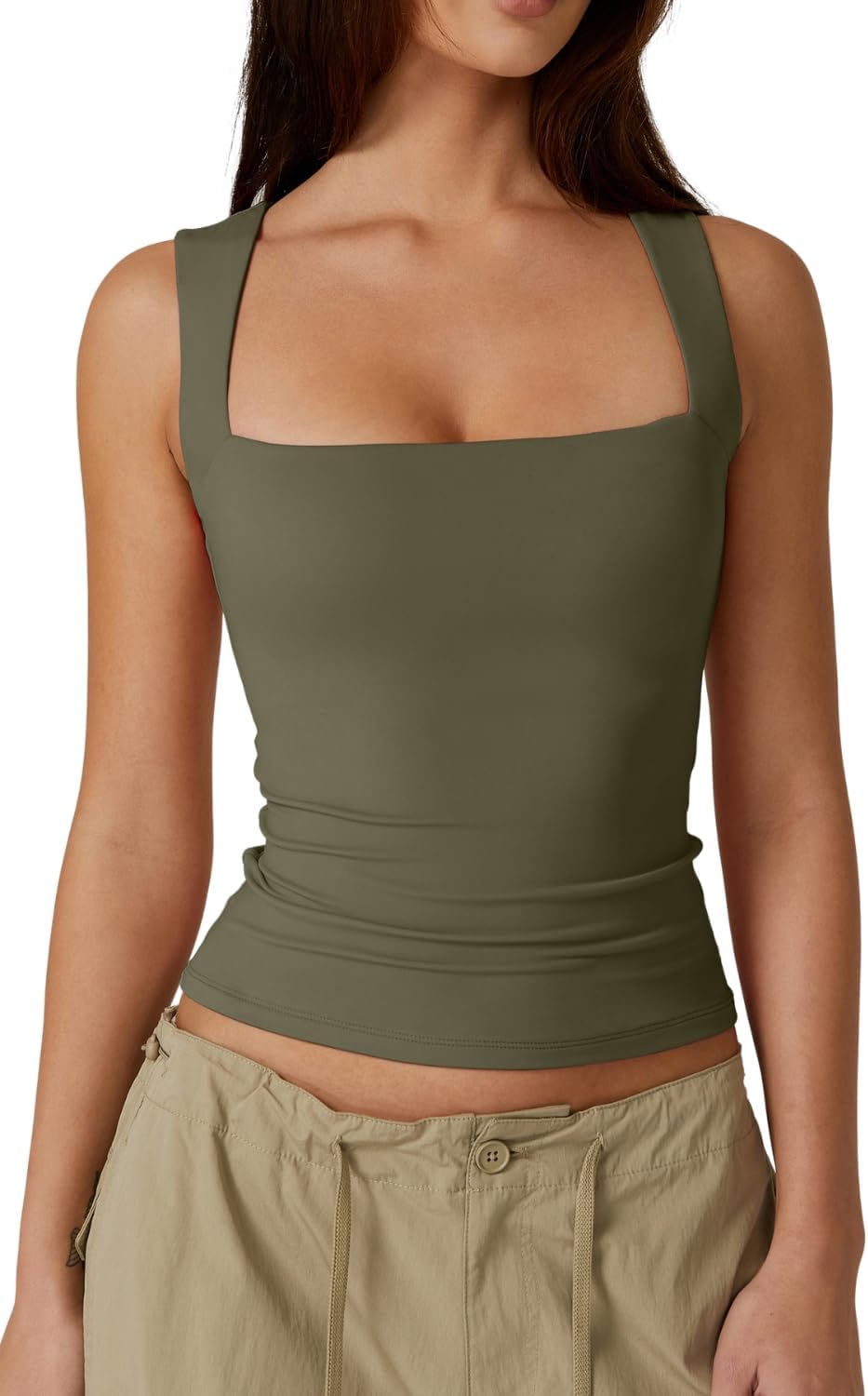 Hugmecurve Women's Double Layer Tank Tops Square Neck Sleeveless Basic Tight T Shirts