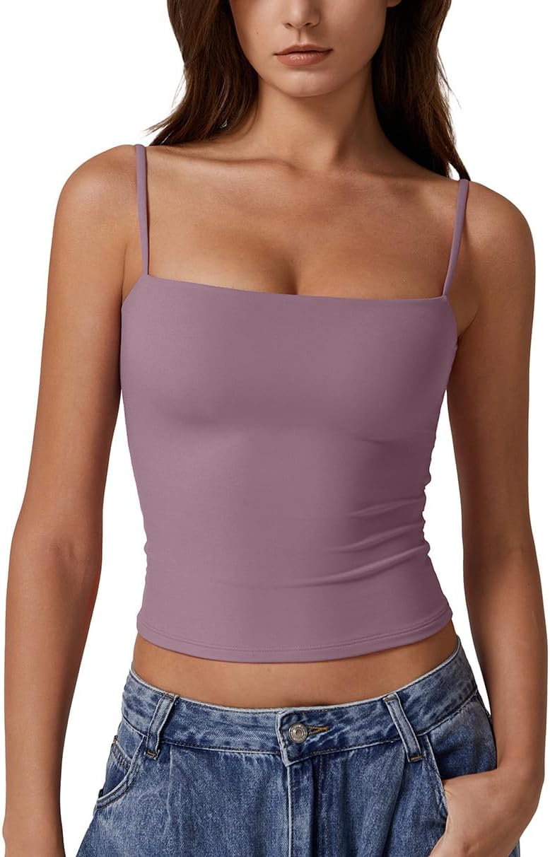 Hugmecurve Women's Double Lined Basic Tank Top Adjustable Spaghetti Straps Sleeveless Camisole Shirts