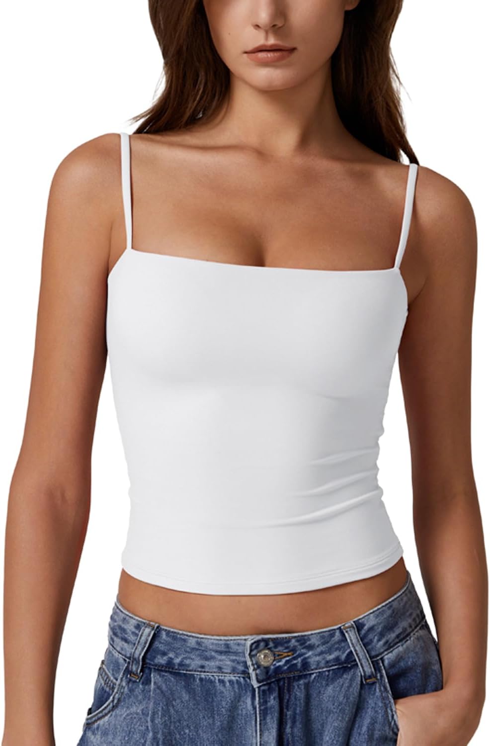 Hugmecurve Women's Double Lined Basic Tank Top Adjustable Spaghetti Straps Sleeveless Camisole Shirts