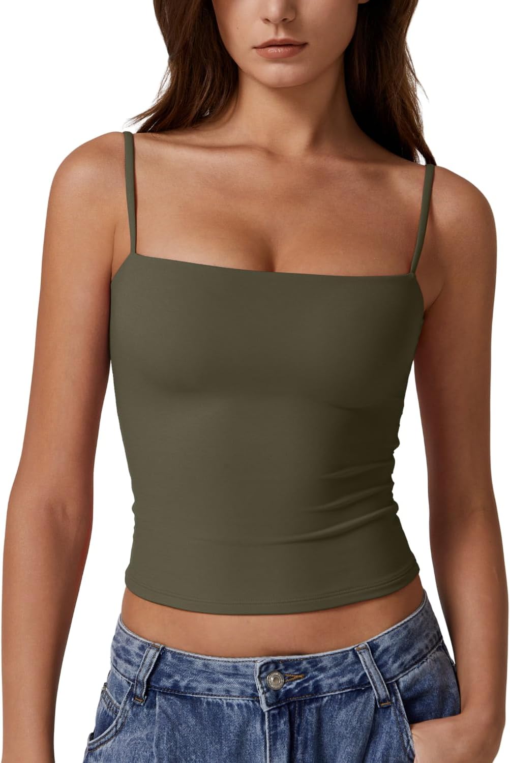 Hugmecurve Women's Double Lined Basic Tank Top Adjustable Spaghetti Straps Sleeveless Camisole Shirts