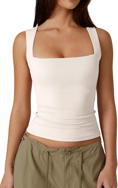 Hugmecurve Women's Double Layer Tank Tops Square Neck Sleeveless Basic Tight T Shirts