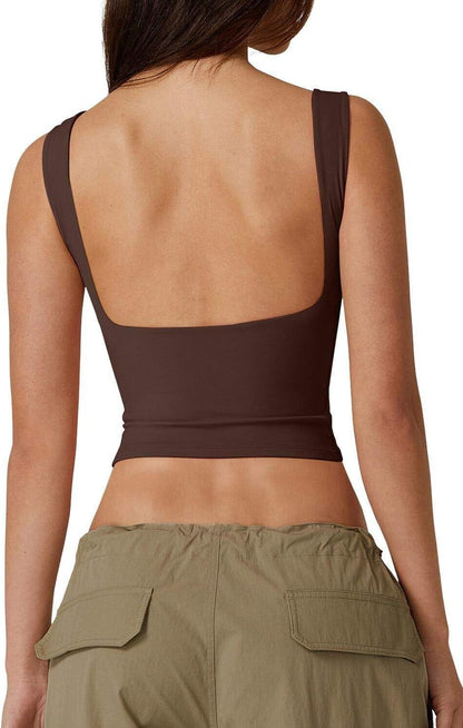 Hugmecurve Women's Sexy Open Back Sleeveless Crop Tank High Neck Slim Fit Cropped Tee Shirt Y2k Tops