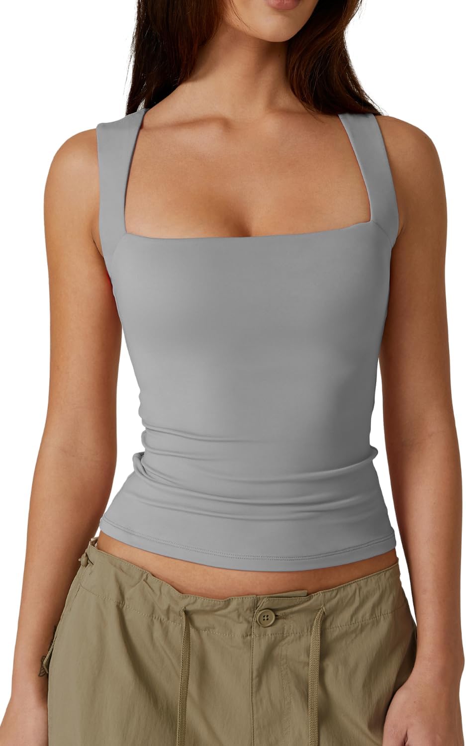 Hugmecurve Women's Double Layer Tank Tops Square Neck Sleeveless Basic Tight T Shirts