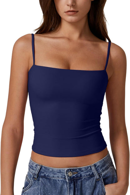 Hugmecurve Women's Double Lined Basic Tank Top Adjustable Spaghetti Straps Sleeveless Camisole Shirts