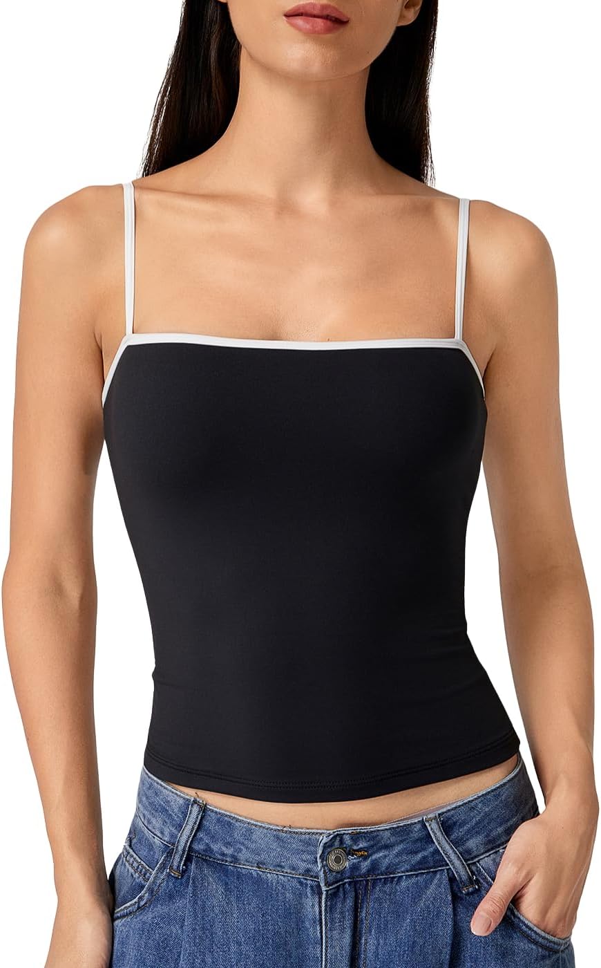 Hugmecurve Women's Double Lined Basic Tank Top Adjustable Spaghetti Straps Sleeveless Camisole Shirts