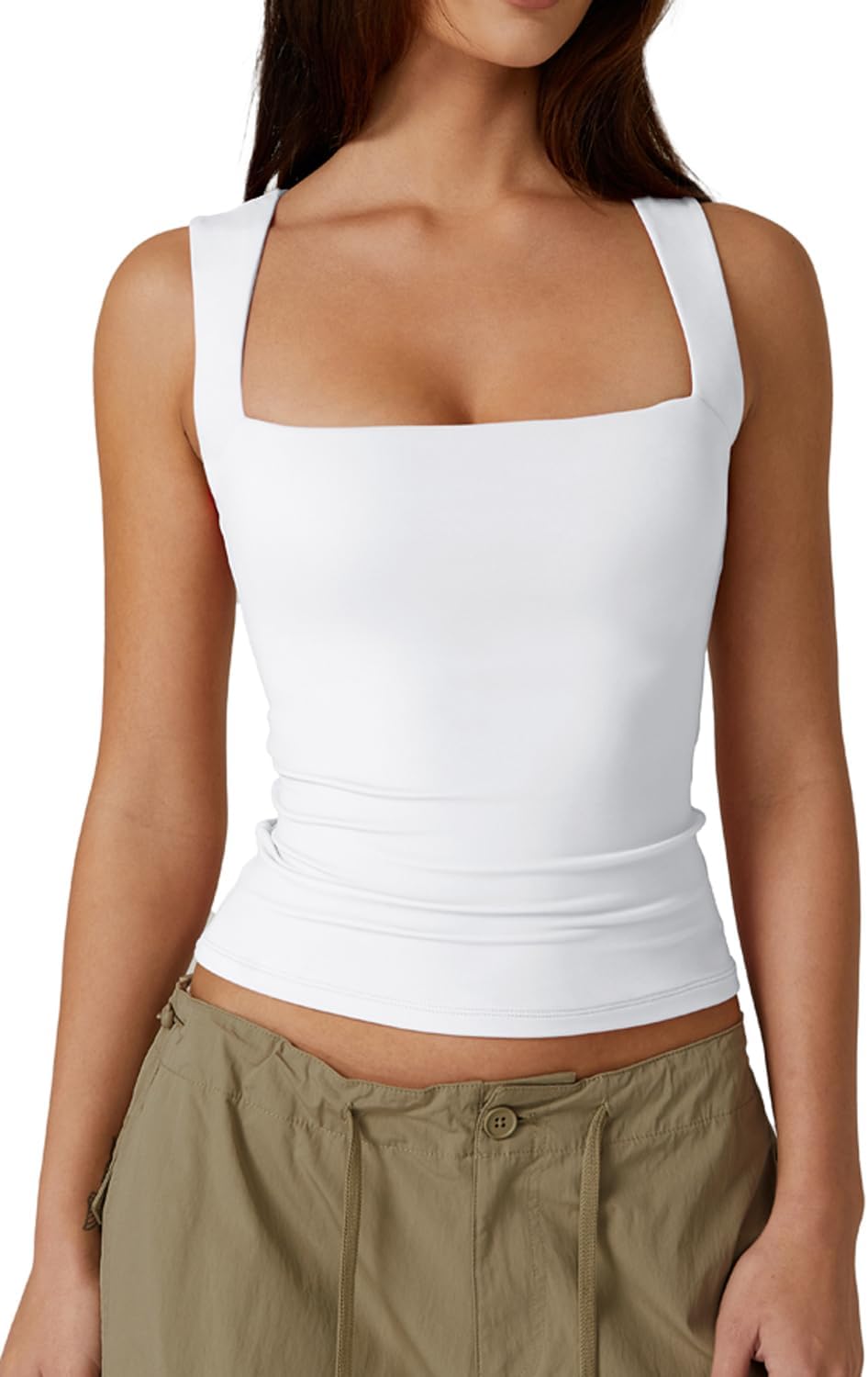 Hugmecurve Women's Double Layer Tank Tops Square Neck Sleeveless Basic Tight T Shirts