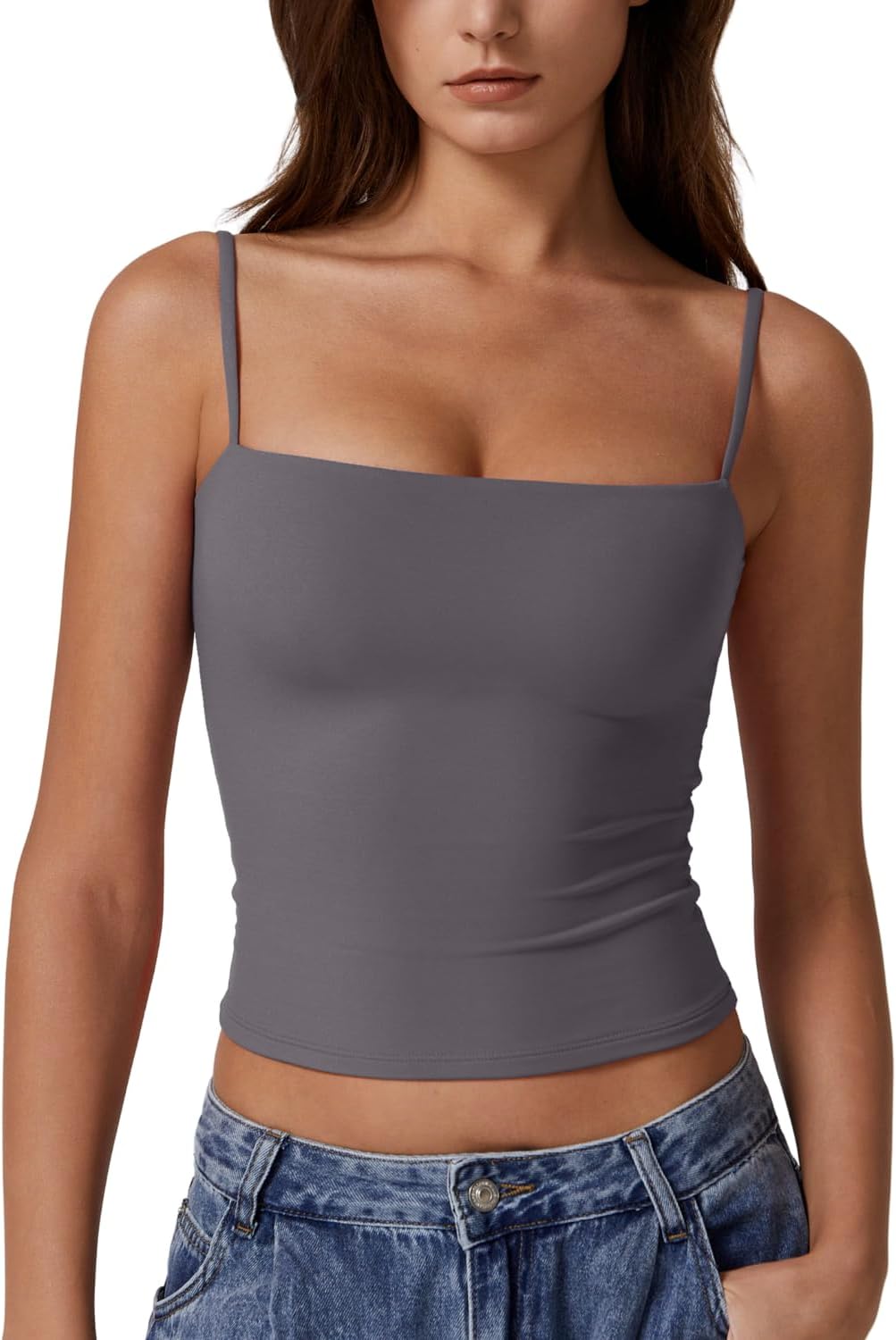 Hugmecurve Women's Double Lined Basic Tank Top Adjustable Spaghetti Straps Sleeveless Camisole Shirts