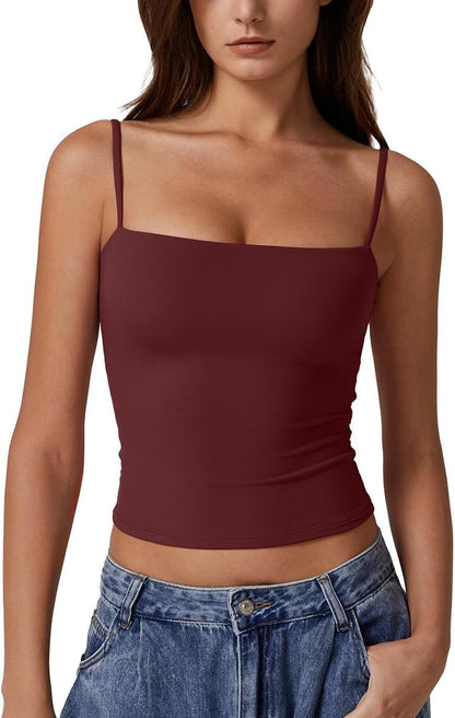 Hugmecurve Women's Double Lined Basic Tank Top Adjustable Spaghetti Straps Sleeveless Camisole Shirts