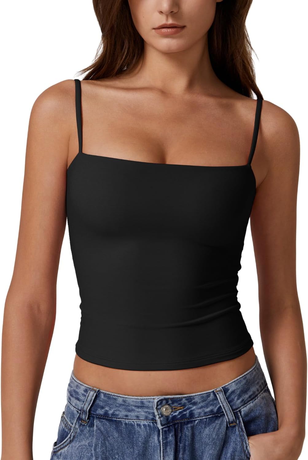 Hugmecurve Women's Double Lined Basic Tank Top Adjustable Spaghetti Straps Sleeveless Camisole Shirts