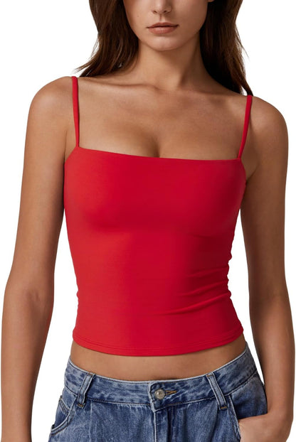 Hugmecurve Women's Double Lined Basic Tank Top Adjustable Spaghetti Straps Sleeveless Camisole Shirts