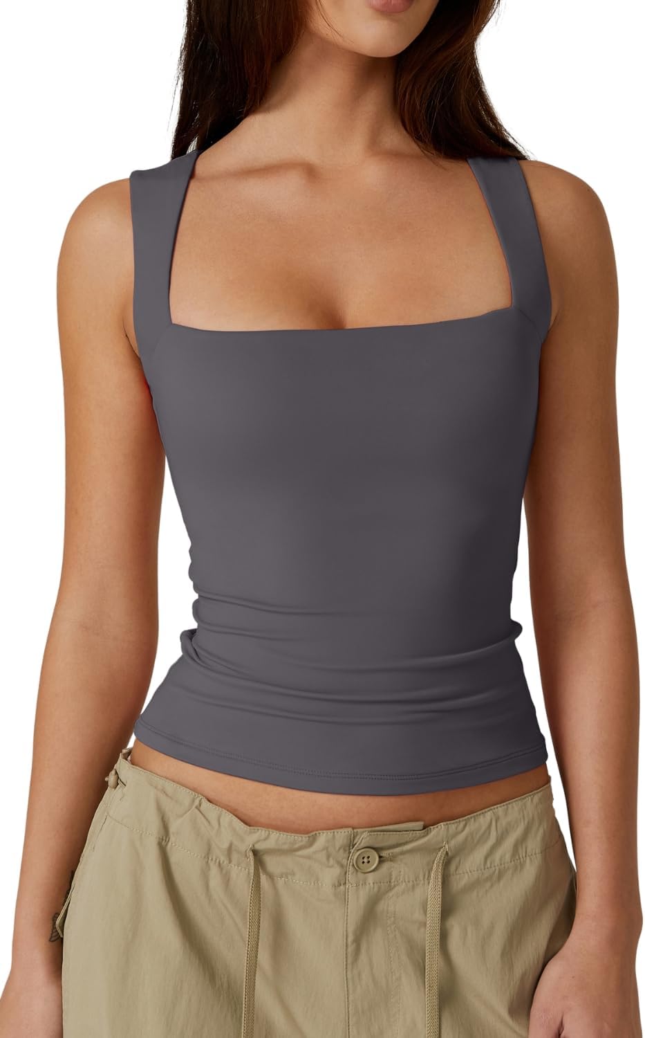 Hugmecurve Women's Double Layer Tank Tops Square Neck Sleeveless Basic Tight T Shirts