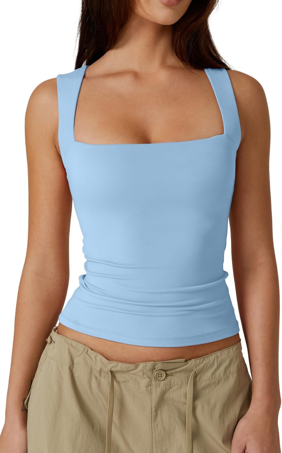 Hugmecurve Women's Double Layer Tank Tops Square Neck Sleeveless Basic Tight T Shirts