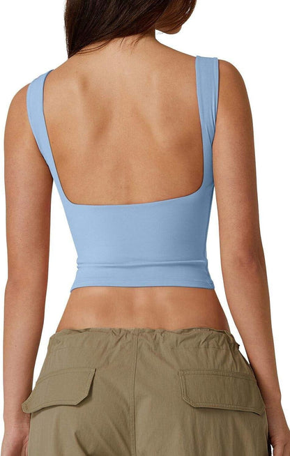 Hugmecurve Women's Sexy Open Back Sleeveless Crop Tank High Neck Slim Fit Cropped Tee Shirt Y2k Tops