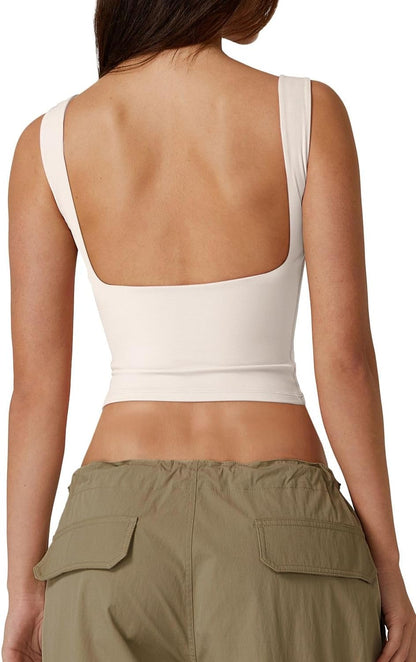 Hugmecurve Women's Sexy Open Back Sleeveless Crop Tank High Neck Slim Fit Cropped Tee Shirt Y2k Tops
