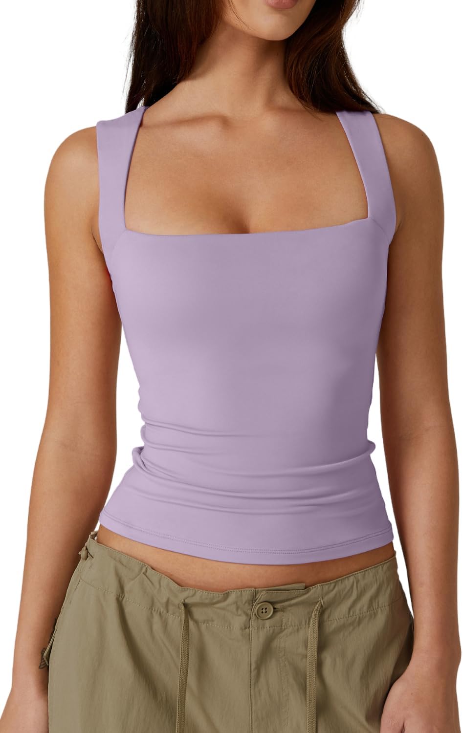 Hugmecurve Women's Double Layer Tank Tops Square Neck Sleeveless Basic Tight T Shirts