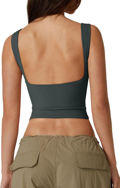 Hugmecurve Women's Sexy Open Back Sleeveless Crop Tank High Neck Slim Fit Cropped Tee Shirt Y2k Tops