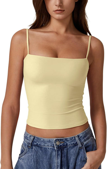 Hugmecurve Women's Double Lined Basic Tank Top Adjustable Spaghetti Straps Sleeveless Camisole Shirts
