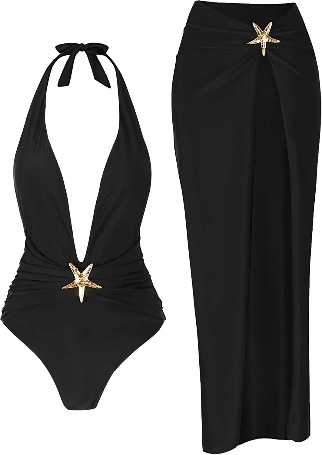 Hugmecurve® One Piece Swimsuit with Cover up Skirt Starfish Swimwear Sets for Women Halter Bathing Suits Vacation Beach Dresses