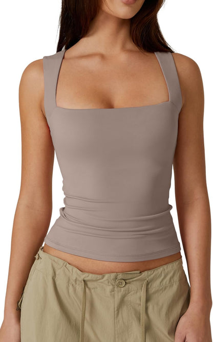 Hugmecurve Women's Double Layer Tank Tops Square Neck Sleeveless Basic Tight T Shirts