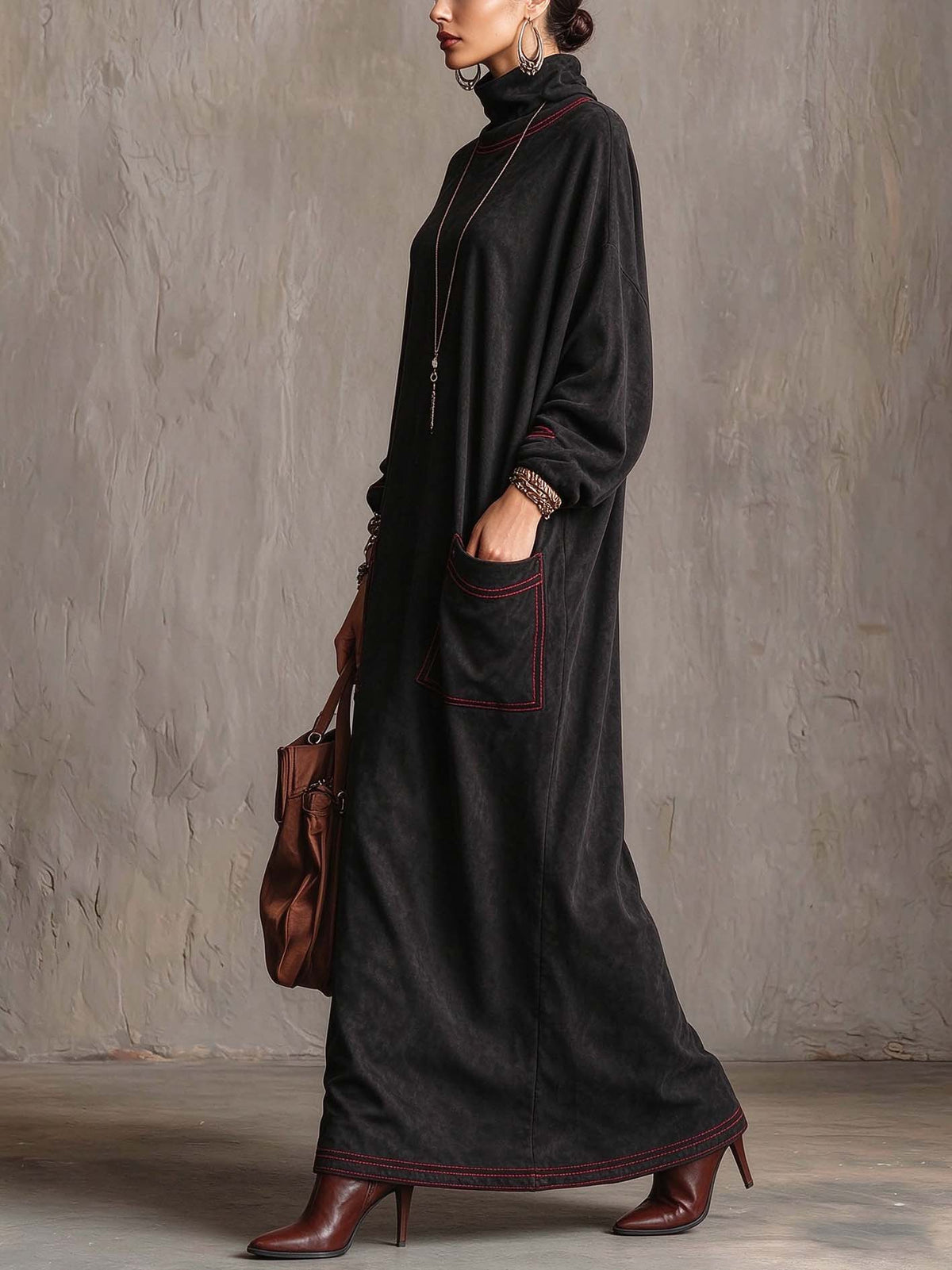 Black Faux Suede Maxi Dress With Red Contrast Stitching And Patch Pockets