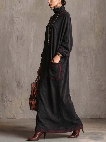 Black Faux Suede Maxi Dress With Red Contrast Stitching And Patch Pockets