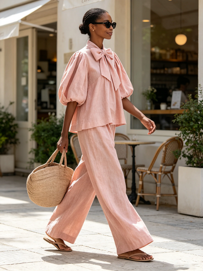 Blush Pink Linen-Blend Bow Tie Puff Sleeve Top & Wide-Leg Pants Set