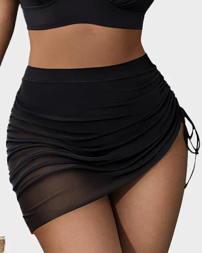 Hugmecurve Mesh High Waisted Tummy Control Sarong Wraps Bikini Set