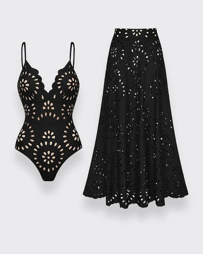 Hugmecurve® Flower Hollow One Piece Swimsuit and Skirt