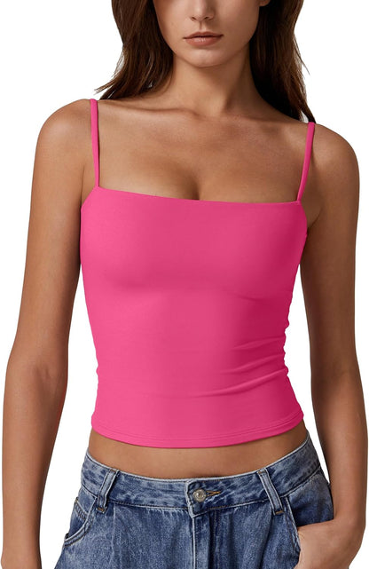 Hugmecurve Women's Double Lined Basic Tank Top Adjustable Spaghetti Straps Sleeveless Camisole Shirts