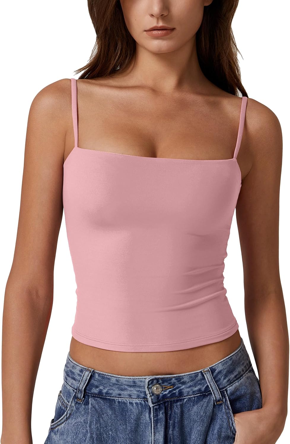 Hugmecurve Women's Double Lined Basic Tank Top Adjustable Spaghetti Straps Sleeveless Camisole Shirts