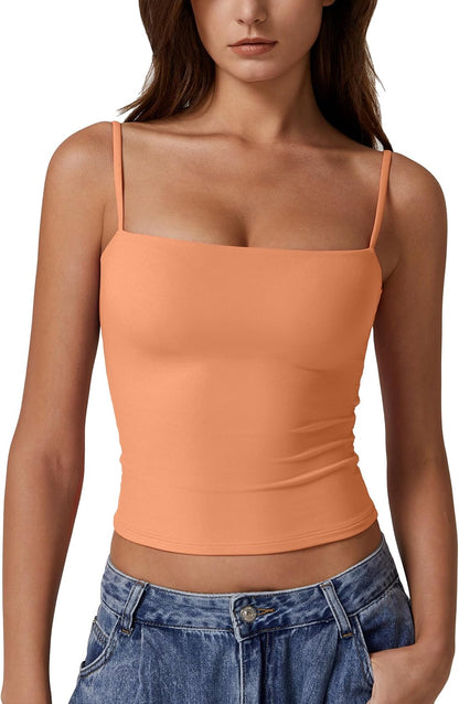 Hugmecurve Women's Double Lined Basic Tank Top Adjustable Spaghetti Straps Sleeveless Camisole Shirts