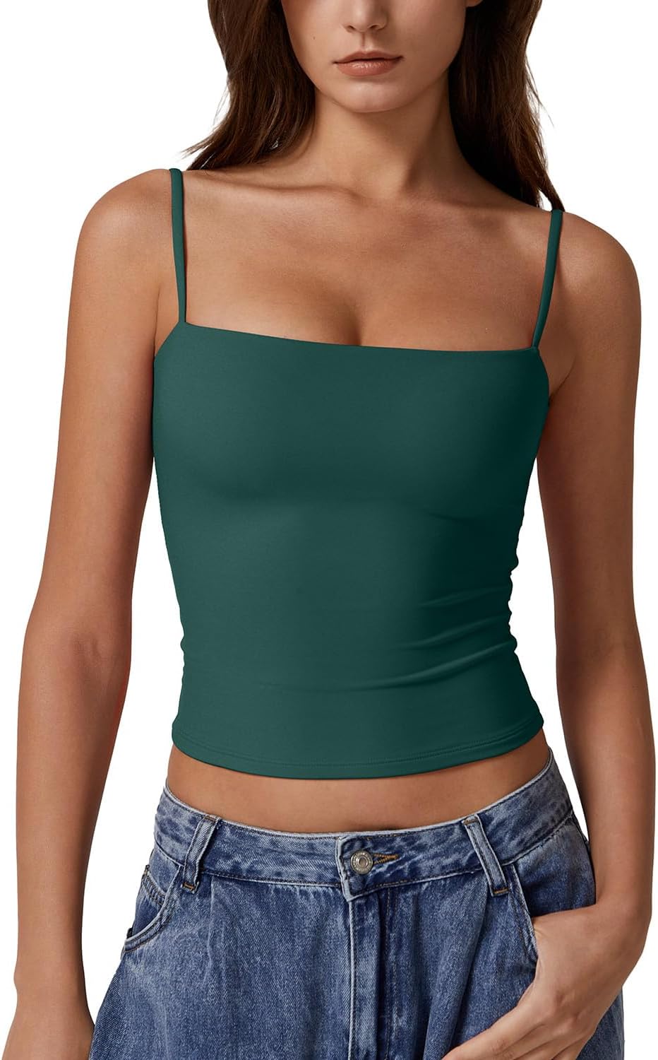 Hugmecurve Women's Double Lined Basic Tank Top Adjustable Spaghetti Straps Sleeveless Camisole Shirts