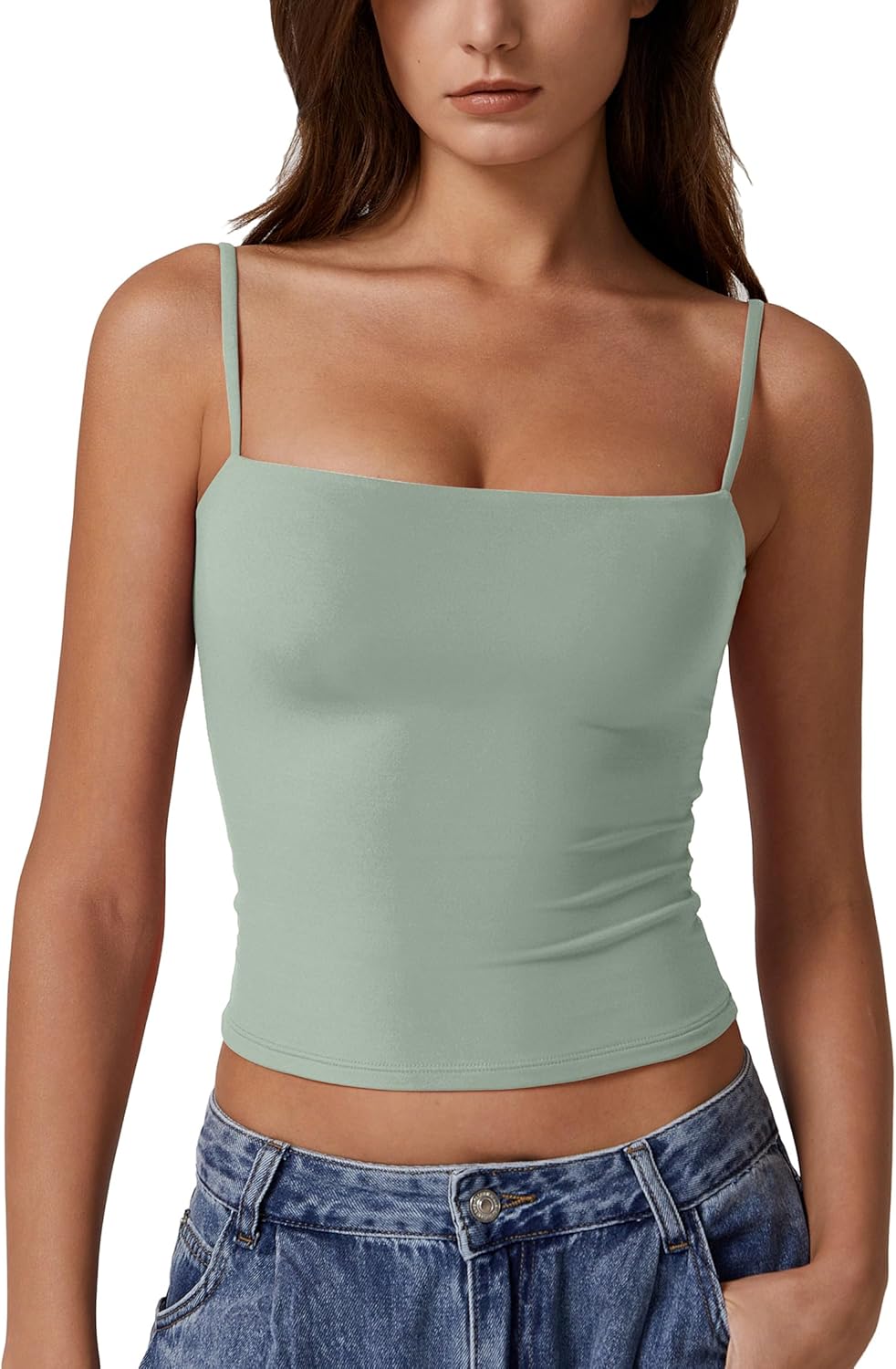 Hugmecurve Women's Double Lined Basic Tank Top Adjustable Spaghetti Straps Sleeveless Camisole Shirts