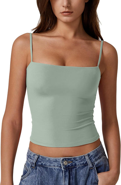 Hugmecurve Women's Double Lined Basic Tank Top Adjustable Spaghetti Straps Sleeveless Camisole Shirts
