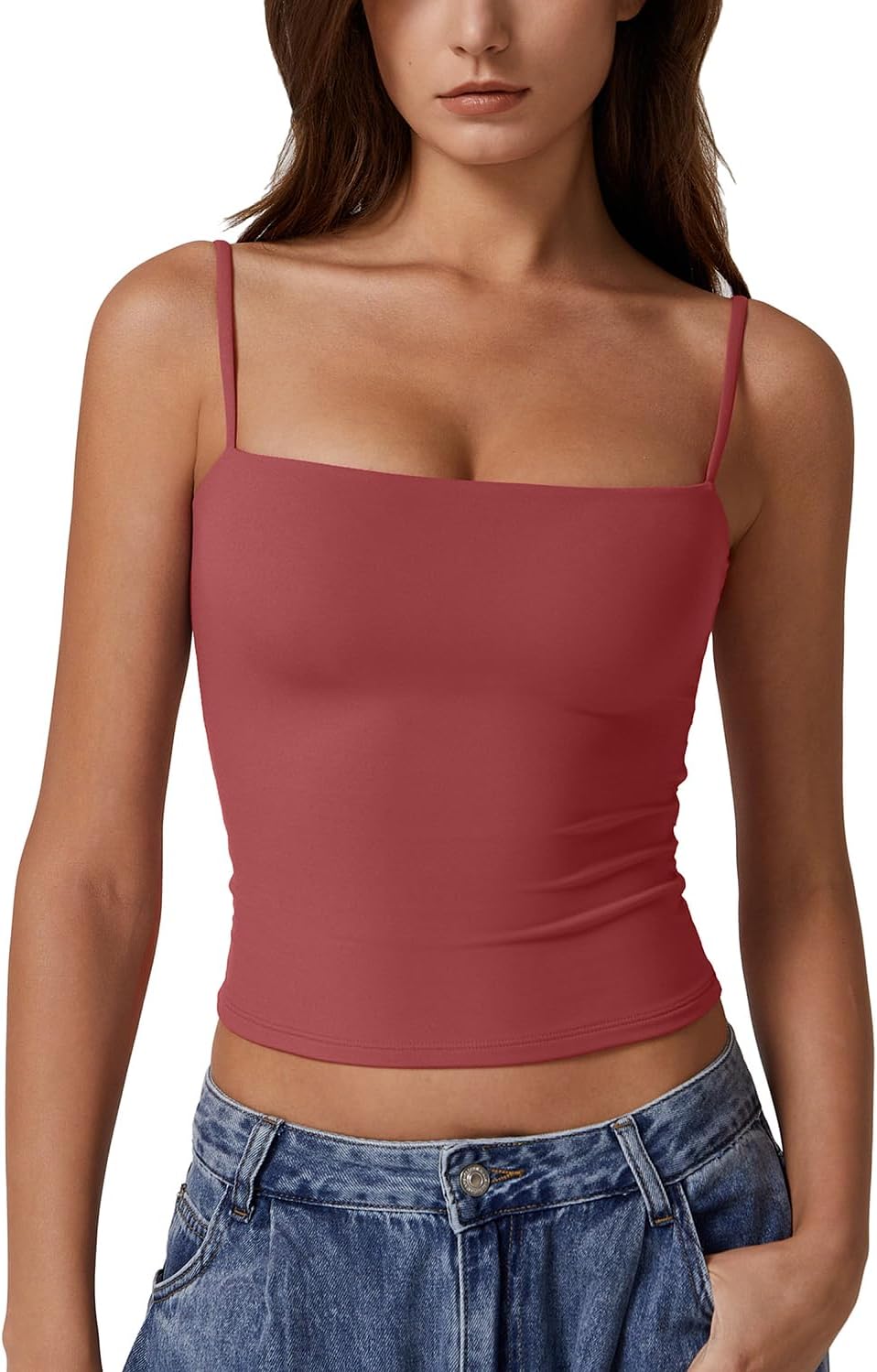 Hugmecurve Women's Double Lined Basic Tank Top Adjustable Spaghetti Straps Sleeveless Camisole Shirts