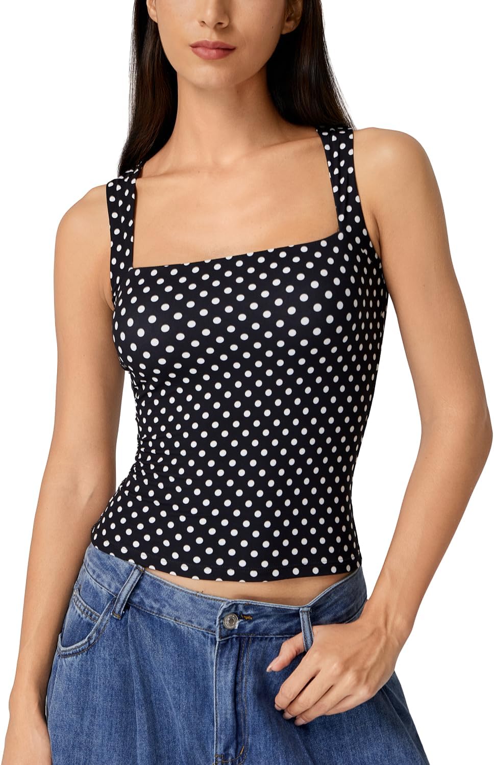 Hugmecurve Women's Double Layer Tank Tops Square Neck Sleeveless Basic Tight T Shirts