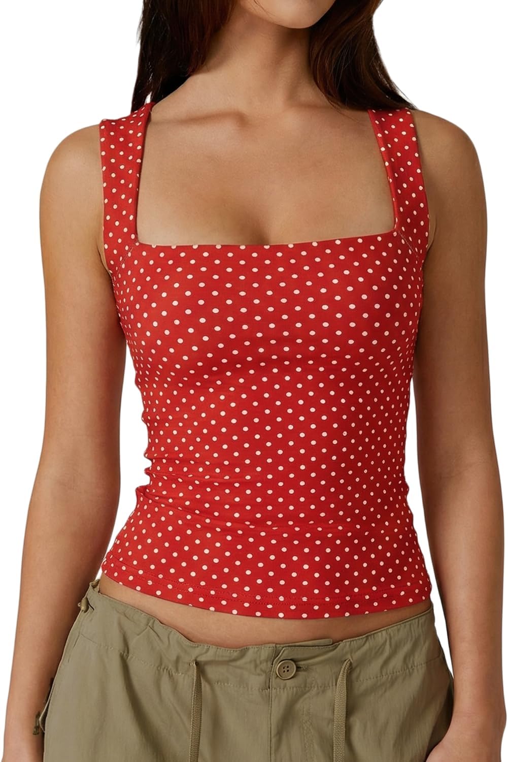 Hugmecurve Women's Double Layer Tank Tops Square Neck Sleeveless Basic Tight T Shirts