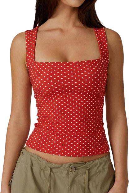 Hugmecurve Women's Double Layer Tank Tops Square Neck Sleeveless Basic Tight T Shirts