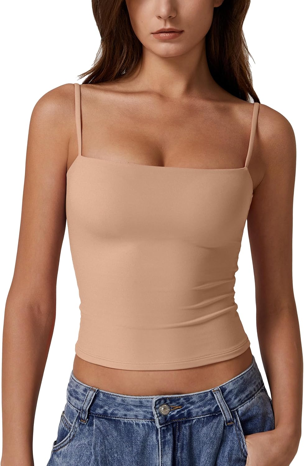 Hugmecurve Women's Double Lined Basic Tank Top Adjustable Spaghetti Straps Sleeveless Camisole Shirts