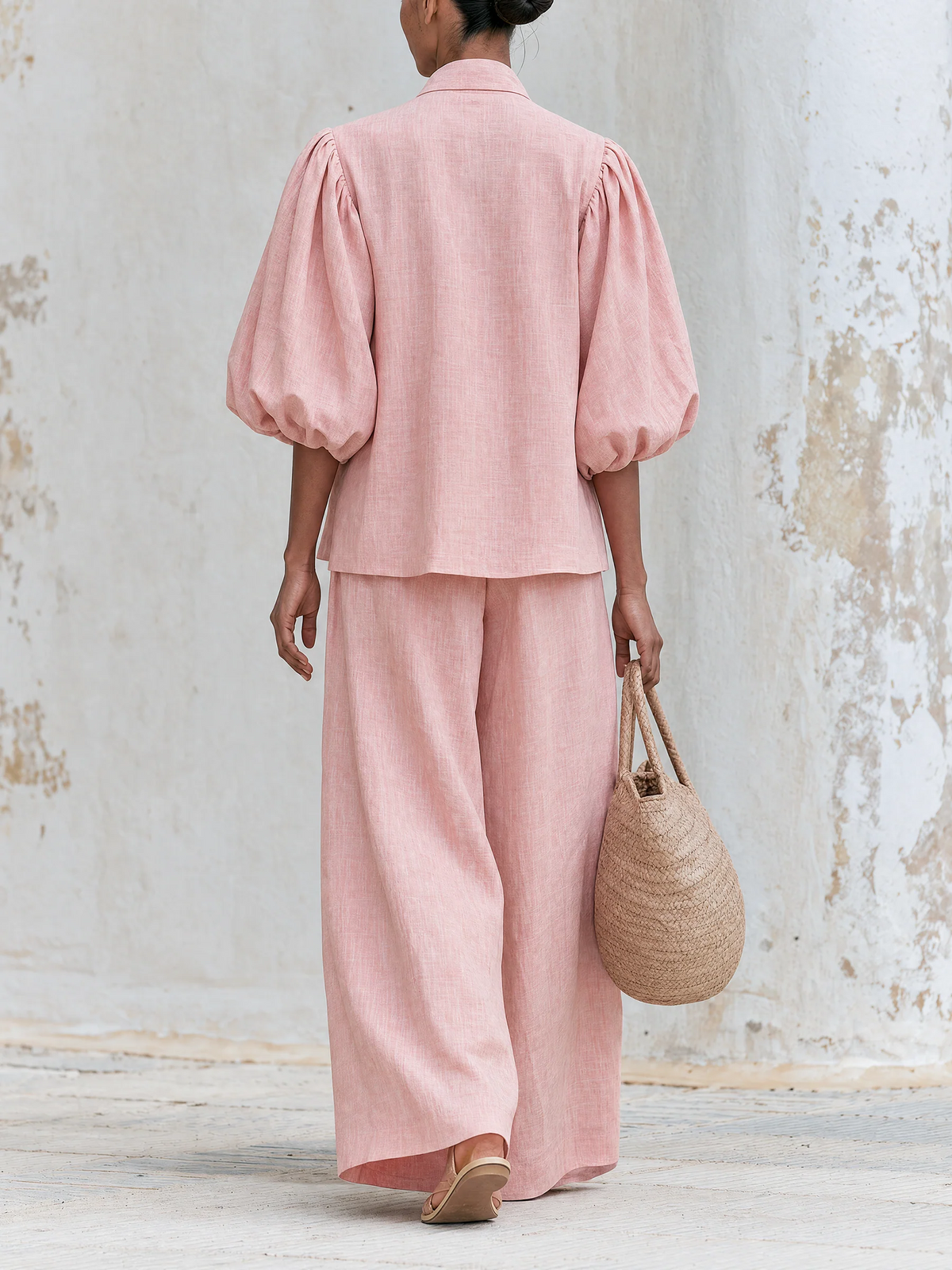 Blush Pink Linen-Blend Bow Tie Puff Sleeve Top & Wide-Leg Pants Set