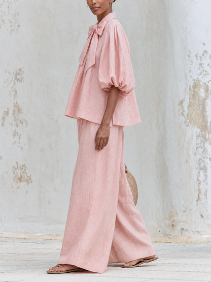 Blush Pink Linen-Blend Bow Tie Puff Sleeve Top & Wide-Leg Pants Set