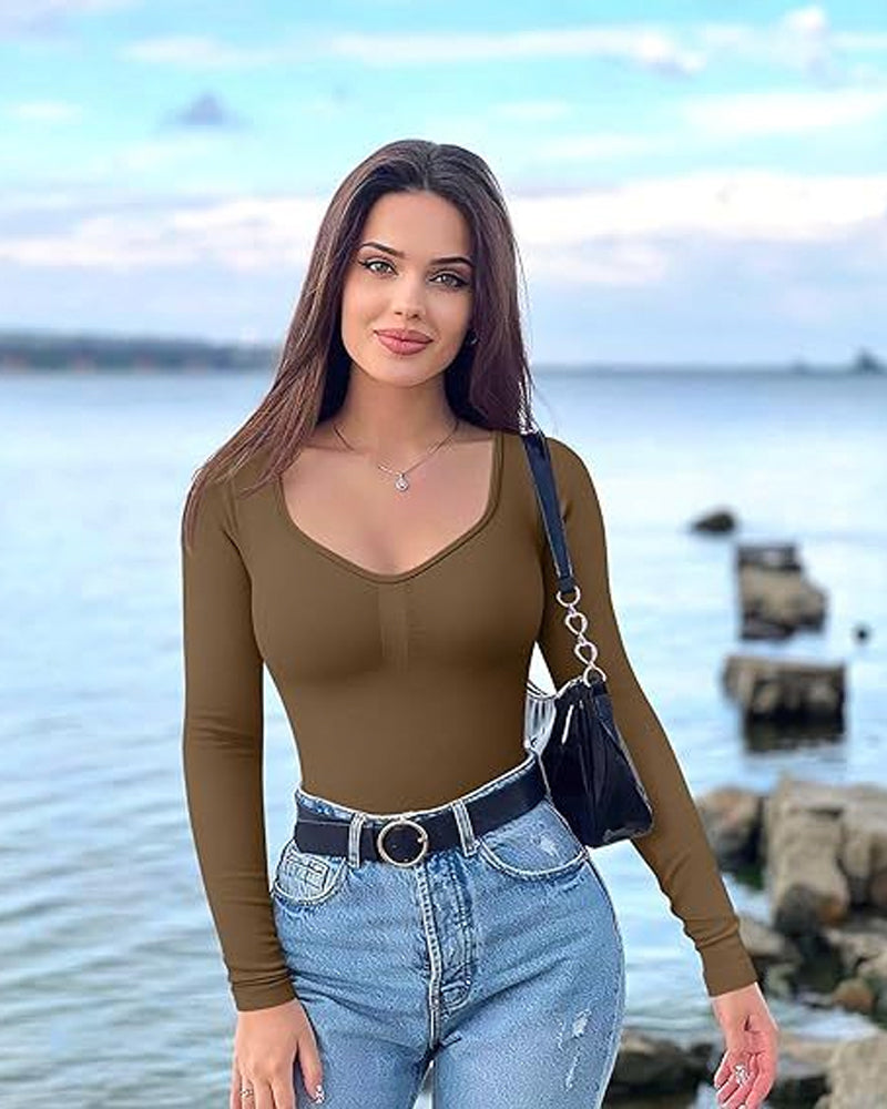 Hugmecurve® Seamless Long Sleeve V-Neck Sculpting Bodysuit